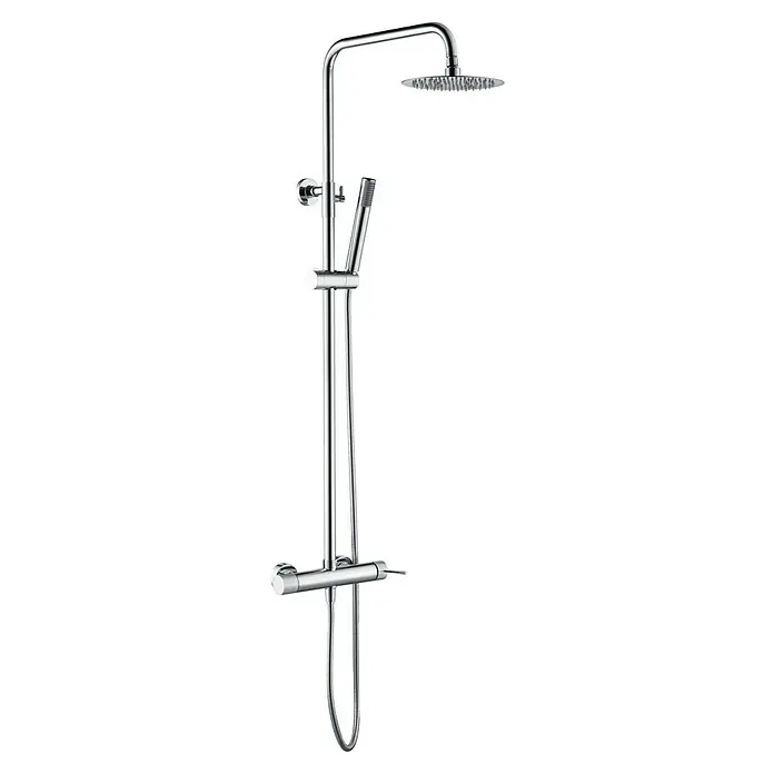 Imex Line Sistema de ducha - Con grifo monomando, Cromo - Imagen de un moderno conjunto de ducha con rociador y ducha de mano. El accesorio está hecho de cromo brillante y tiene un diseño minimalista.