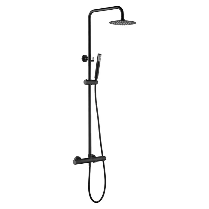 Imex Line Sistema de ducha / bañera - Con grifo termostático, Distancia entre orificios: 15 cm, Número de tipos de chorro: 1 ud., Negro - Columna de ducha negra con rociador y teleducha para un diseño de baño moderno y una experiencia de ducha confortable.