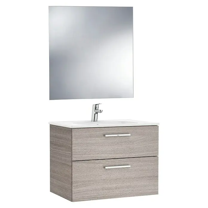 Roca Conjunto de mueble de baño Victoria - Ancho: 80 cm, 2 pzs., Roble - Un moderno tocador de baño con un mueble de aspecto de madera con cajones, un lavabo elegante y un espejo rectangular encima.