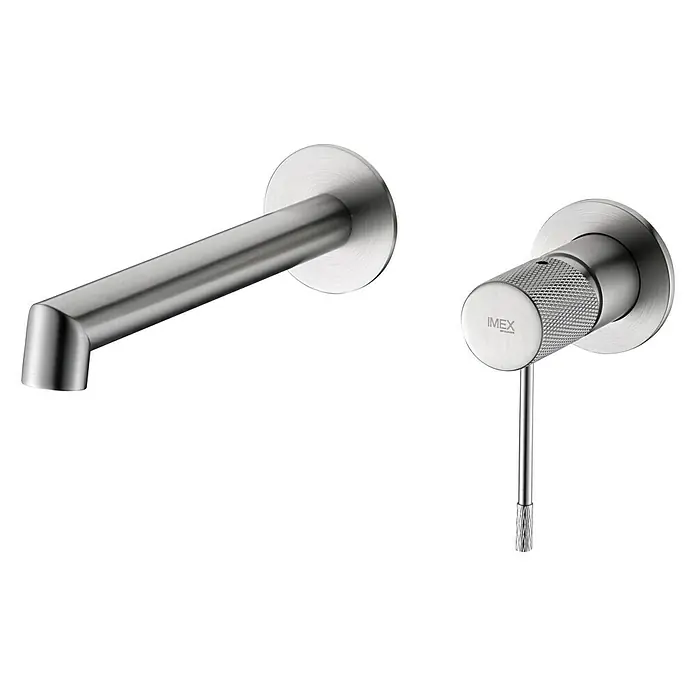 Imex Line Grifo de lavabo empotrado - Níquel - Grifo de lavabo IMEX de pared en acero inoxidable cepillado con caño redondo y palanca de control.