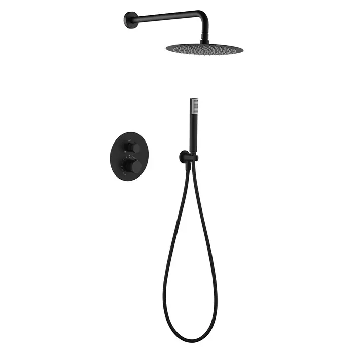 Imex Line Sistema de ducha empotrado - Negro, Equipamiento del grifo: Termostato - Moderno juego de ducha en negro mate que incluye un cabezal de ducha tipo lluvia, una ducha de mano y un termostato. Diseño de alta calidad.