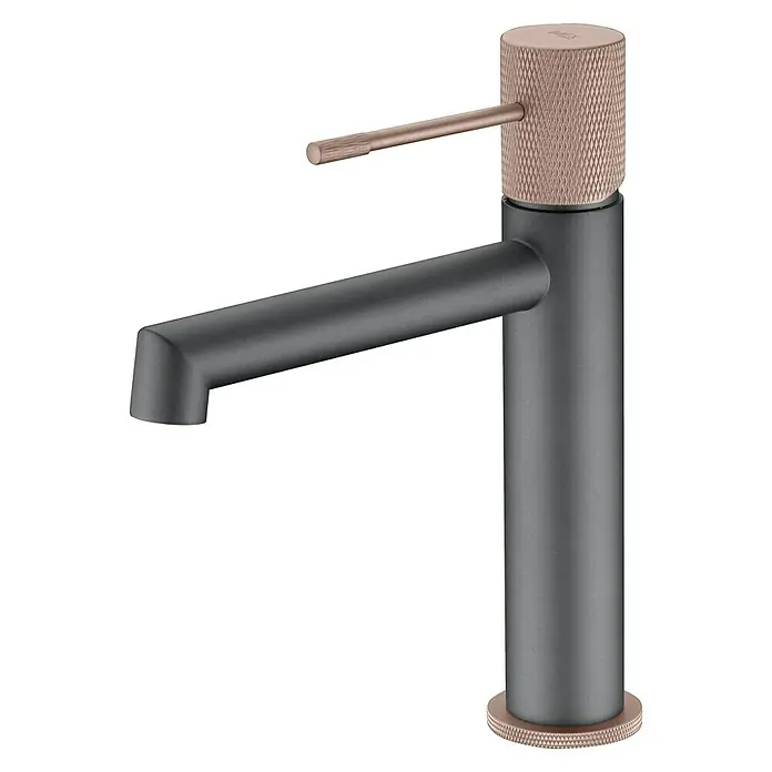 Imex Line Grifo de lavabo - Gris/Champagne - Un moderno grifo negro con detalles en oro rosa. El delgado grifo presenta un diseño elegante, ideal para baños o cocinas modernas.