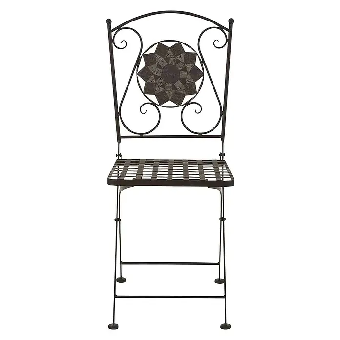 Siena Garden Gartenstuhl Como - Stahl, Klappbar, Schwarz, B x T x H: 39 x 49,5 x 88,5 cm - Bild einer verzierten Eisenstuhl mit Rückenlehne und geflochtener Sitzfläche, der einen rustikalen Charme für den Außenbereich bietet.