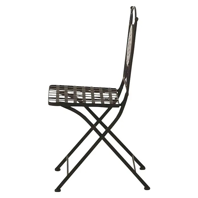 Siena Garden Gartenstuhl Como - Stahl, Klappbar, Schwarz, B x T x H: 39 x 49,5 x 88,5 cm - Seitenansicht eines stilvollen Bistro-Stuhls aus Metall mit dekorativem Rücken und filigranem Flechtmuster auf dem Sitz.
