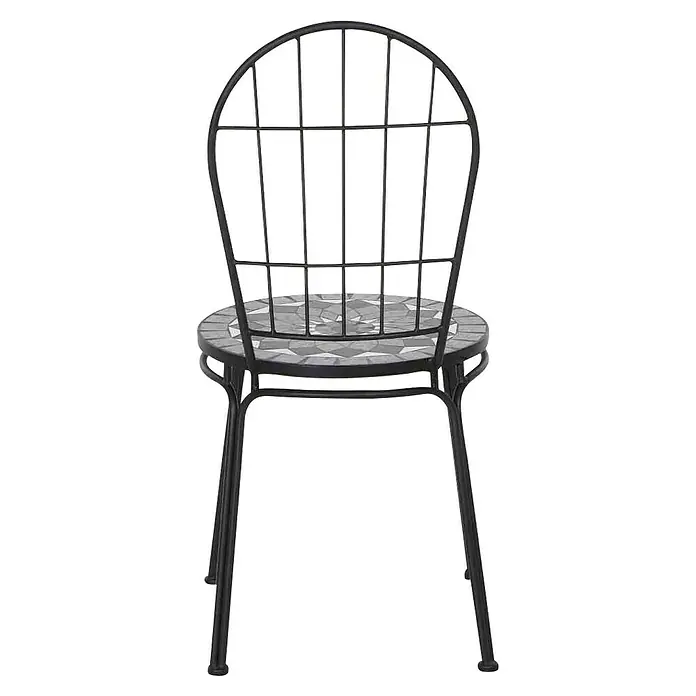 Siena Garden Gartenstuhl Como - Stahl, Stapelbar, Schwarz, B x T x H: 43 x 49 x 93,5 cm - Das Bild zeigt einen Stuhl mit Rückenlehne und einem runden Sitz mit Mosaikmuster. Der Stuhl hat ein schwarzes Metallgestell.