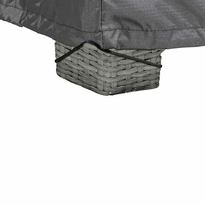 Loungemöbel Schutzhülle Aerocover - L x B x H: 255 x 255 x 70 cm, Polyester, Anthrazit - Nahaufnahme eines grauen Rattan-Möbelfußes unter einer Schutzhülle, der die wetterfeste Konstruktion des Produkts hervorhebt.