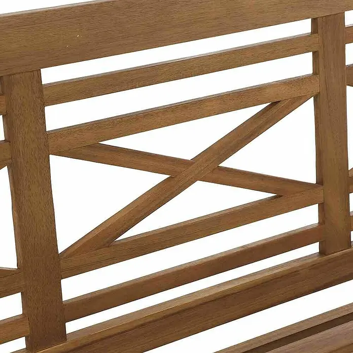 Siena Garden Gartenbank Westport - B x T x H: 150 x 62 x 87 cm, Akazie, Naturbraun - Detailaufnahme einer Gartenbank aus Teakholz mit Rückenlehne und X-förmiger Verstrebung. Die Bank ist robust und wetterfest.