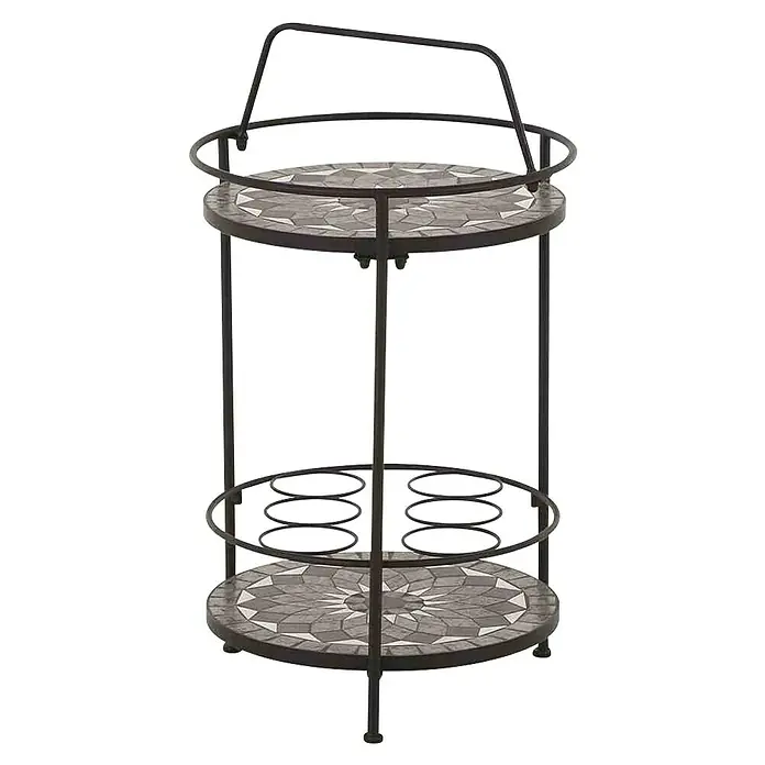 Siena Garden Garten-Beistelltisch Como - Ø x H: 42 x 74 cm, Stahl, Keramik, Rund, Schwarz/Grau - Ein zweistöckiger Servierwagen mit Fliesenmuster. Ideal, um Getränke und Speisen stilvoll zu präsentieren. Praktisch und elegant.