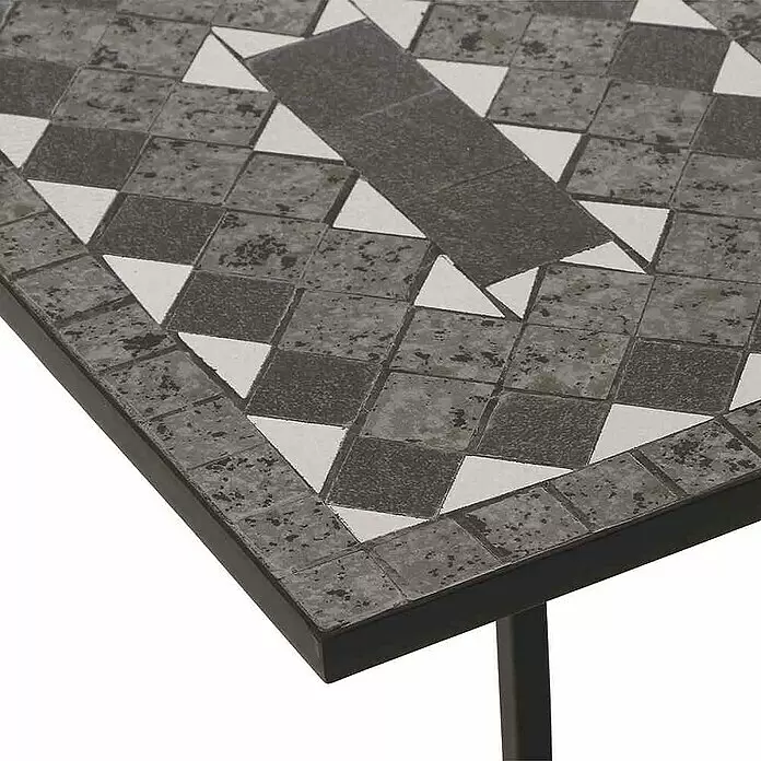 Siena Garden Gartentisch-Set Como - Gesamtumfang: 2 -tlg., L x B x H: 46 x 33 x 64 cm, Stahl, Keramik - Tischoberfläche mit Mosaikmuster aus dunkelgrauen, hellgrauen und weißen Fliesen, von schwarzem Metall umrahmt.