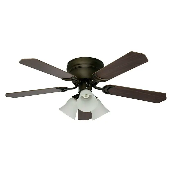 Voltomat Deckenventilator Ontario - Walnuss/Kirsche, 106 cm, 60 W - Deckenventilator mit vier Holzflügeln und drei Lampen. Das Gehäuse ist in einem dunklen Bronzeton gehalten, was dem Ventilator einen edlen Touch verleiht.