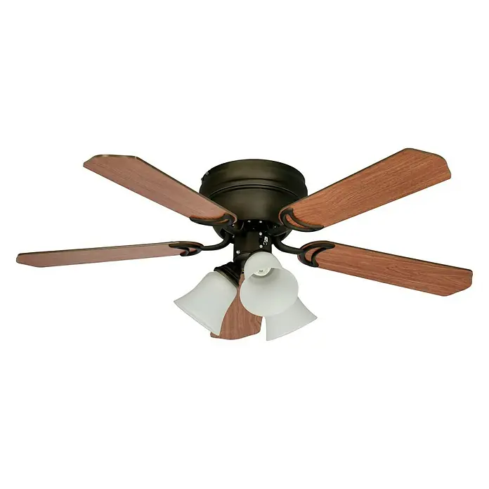 Voltomat Deckenventilator Ontario - Walnuss/Kirsche, 106 cm, 60 W - Deckenventilator mit Holzflügeln und drei Lampenschirmen für eine stilvolle Beleuchtung und Luftzirkulation.