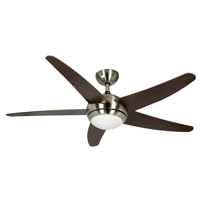 Voltomat Deckenventilator Fabiola - Wenge, 132 cm, 60 W - Deckenventilator mit fünf Flügeln und integrierter Lampe. Das Gehäuse ist aus gebürstetem Nickel gefertigt und die Flügel sind aus dunklem Holz.