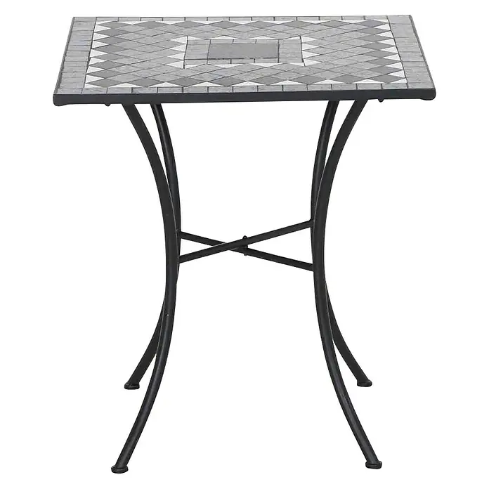 Siena Garden Balkontisch Como - L x B x H: 60 x 60 x 69,5 cm, Stahl, Keramik, Quadratisch, Schwarz/Grau - Nahaufnahme eines quadratischen Mosaiktisches mit geschwungenen, schwarzen Metallbeinen auf schwarzem Hintergrund.