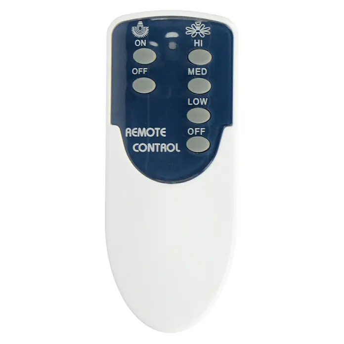 Proklima Deckenventilator Fabiola - Wenge/Kirsche, 132 cm, 60 W - Nahaufnahme einer weißen Fernbedienung für Deckenventilatoren mit blauer Oberseite und Tasten für Licht- und Ventilatorkontrolle.