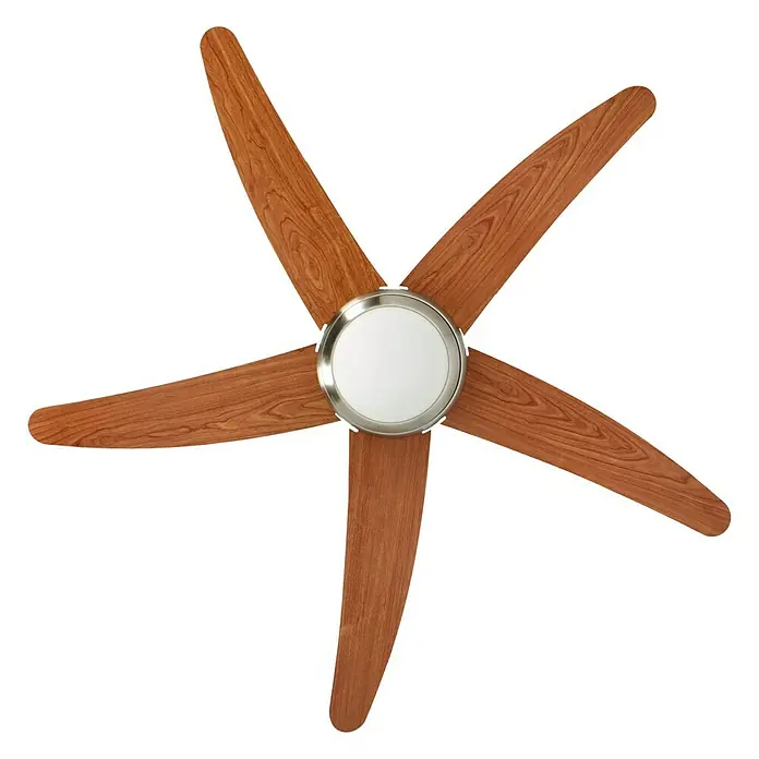 Proklima Deckenventilator Fabiola - Wenge/Kirsche, 132 cm, 60 W - Deckenventilator mit fünf Holzflügeln und einer zentralen Lampe mit silberner Umrandung vor einem schwarzen Hintergrund.