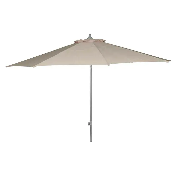 Siena Garden Marktschirm rund Push Pro - Natur, Durchmesser Bespannung: 300 cm - Ein beigefarbener Gartenschirm mit silberfarbenem Mast steht im Bild. Der Schirm ist geöffnet und bietet Schatten.