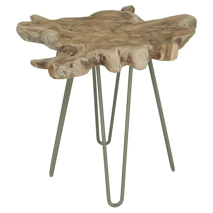 Wagner System Möbelfuß Hairpinlegs - Stahl, Höhe: 40 cm, Grau - Ein rustikaler Beistelltisch mit einer organischen Holzplatte und schlanken Metallbeinen in einem neutralen Farbton.