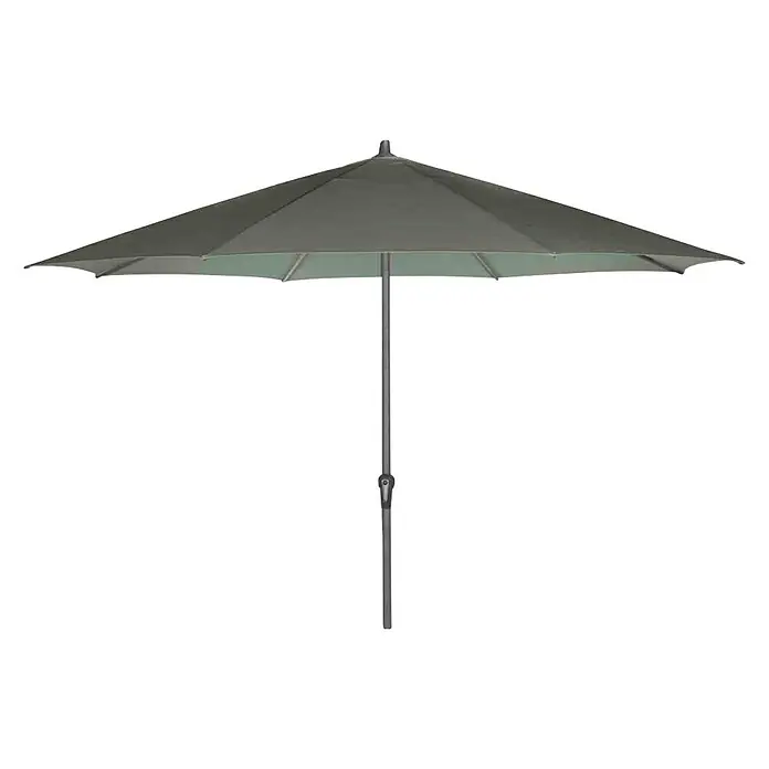 Siena Garden Marktschirm rund Avio - Olive, Durchmesser Bespannung: 350 cm - Nahaufnahme eines einzelnen grauen Sonnenschirms mit Mittelstange und achtfeldriger Bespannung vor schwarzem Hintergrund.