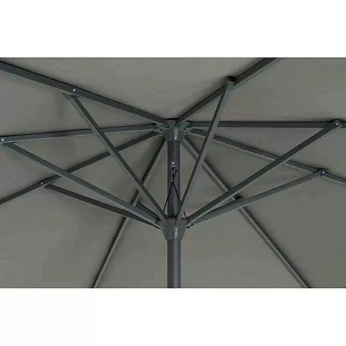 Siena Garden Marktschirm rund Avio - Olive, Durchmesser Bespannung: 350 cm - Unterseite eines grauen Sonnenschirms mit stabilem grauen Metallgestell und Schirmdach.