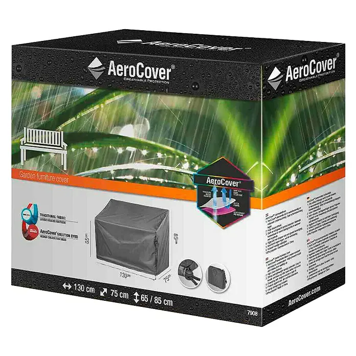 Gartenbank-Schutzhülle Aerocover - L x B x H: 130 x 75 x 85 cm, Kunststoff - Abbildung der AeroCover Gartenmöbelabdeckung in ihrer Verpackung, die ihre atmungsaktiven Schutzeigenschaften hervorhebt.