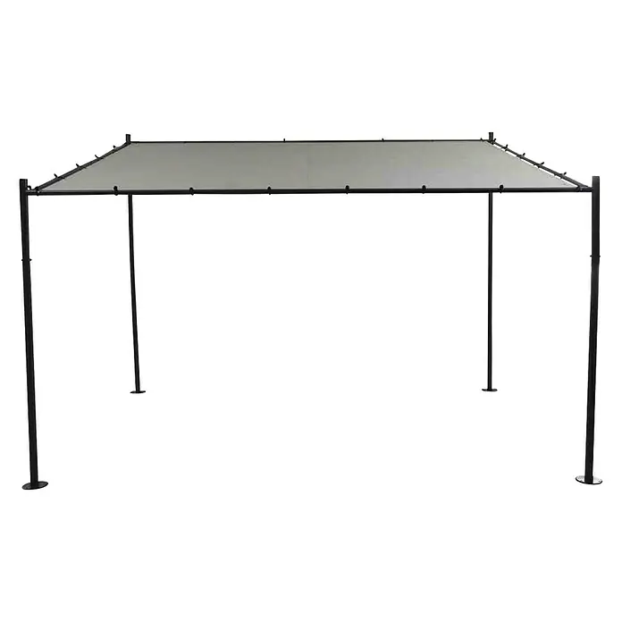 Siena Garden Anstellpavillon Levino - B x T: 400 x 300 cm, Farbe Gestell: Grau, Stahl - Eine freistehende, rechteckige Pergola mit einem hellgrauen Sonnenschutzdach und stabilen, dunklen Stützpfosten auf schwarzem Hintergrund.