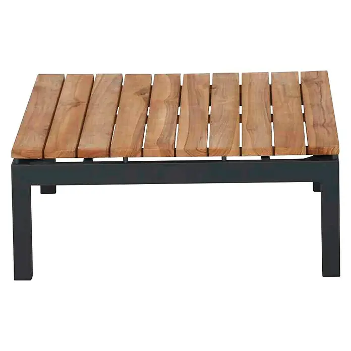 Siena Garden Garten-Loungetisch Alvida - L x B x H: 73,5 x 73,5 x 31,5 cm, Teak, Aluminium, Anthrazit/Naturbraun - Eine moderne Gartenbank mit Holzlatten und einem grauen Metallgestell, ideal für den Außenbereich.