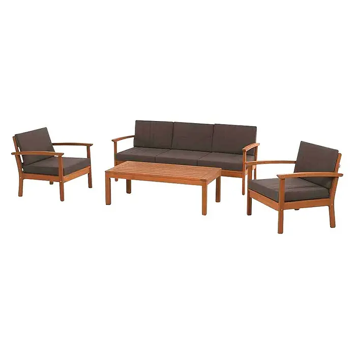 Siena Garden Loungemöbel-Set Tavira - 4 -tlg., Eukalyptus, Teakbraun - Ein stilvolles Gartenmöbelset mit einem braunen Sofa, zwei Sesseln und einem passenden Holztisch. Ideal für entspannte Stunden im Freien.