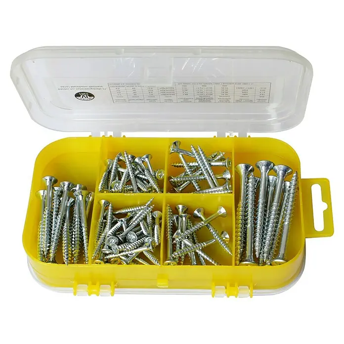 Stabilit Schraubensortiment mit Dübeln - Verzinkt - Eine gelbe Sortierbox mit verschiedenen Schraubenarten, ideal für Heimwerker und Handwerker.