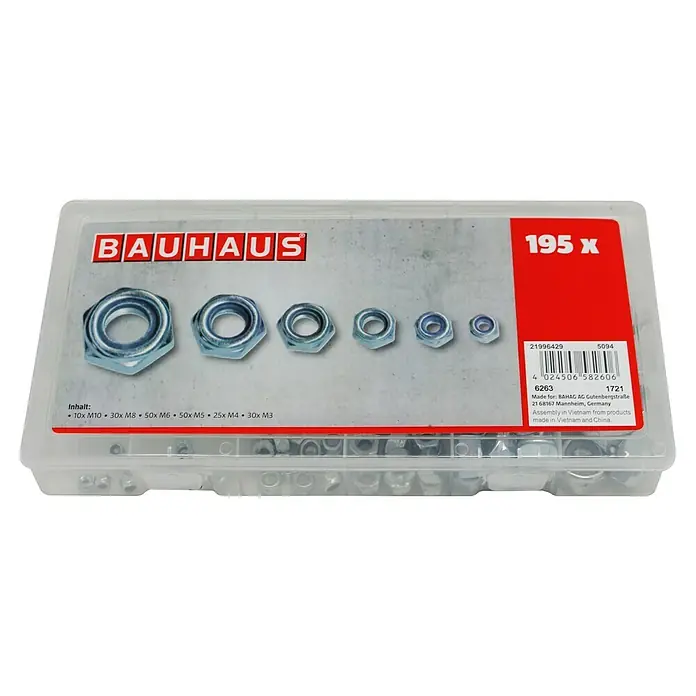 BAUHAUS Mutternsortiment - 195 Stk., Sechskantkopf - Sortiment von BAUHAUS-Muttern mit verschiedenen Größen (M3-M10), 195 Stück. Vielseitiges Set für Reparatur- und Montagearbeiten.