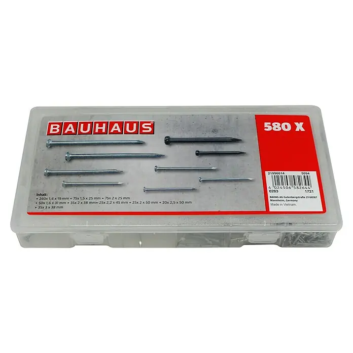 BAUHAUS Nägelsortiment - 580 Stk., Stahl - Eine Packung mit 580 Nägeln von Bauhaus, sortiert nach Größe und Ausführung, für diverse Befestigungsarbeiten.