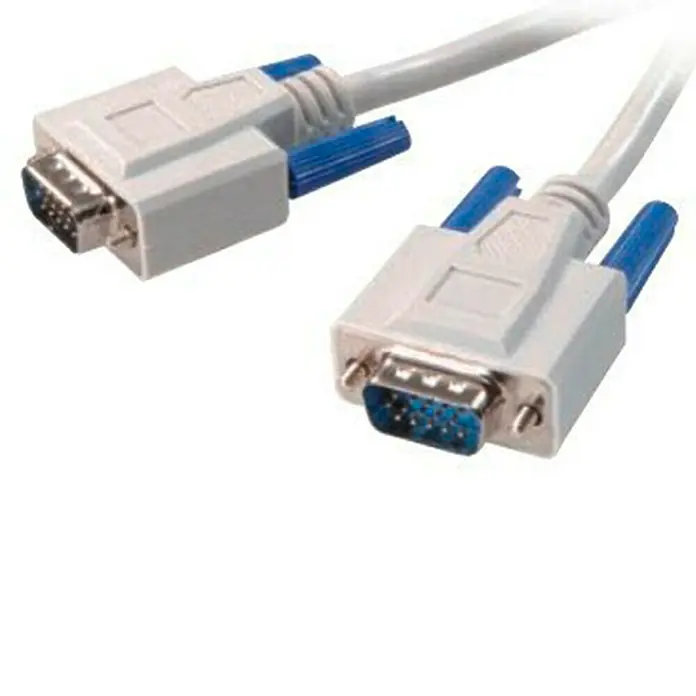 Vivanco Cable VGA HD - Gris, Largo: 1,8 m - Primer plano de dos cables VGA con conectores blancos y tornillos azules para una conexión segura a los dispositivos.