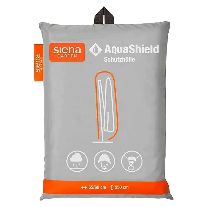Siena Garden Schirm-Schutzhülle AquaShield - Ø x H: 60 x 250 cm, Kunststoff - Abbildung einer grauen Siena Garden Aquashield Schutzhülle mit Tragegriff, die vor Regen, Schnee und Wind schützt und eine Größe von 55/60 x 250 cm hat.