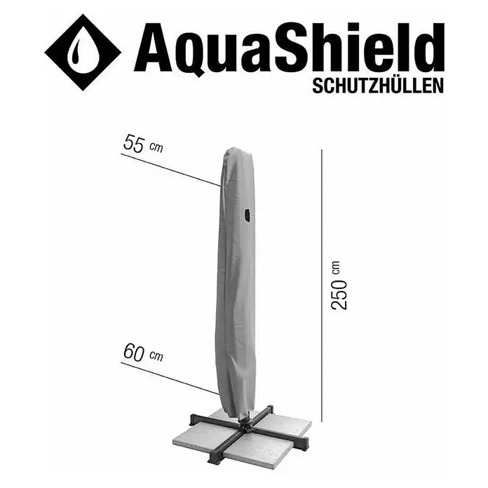 Siena Garden Schirm-Schutzhülle AquaShield - Ø x H: 60 x 250 cm, Kunststoff - Abbildung einer AquaShield Schutzhülle mit Maßangaben, die ihre Größe und Passform für verschiedene Sonnenschirme verdeutlichen.