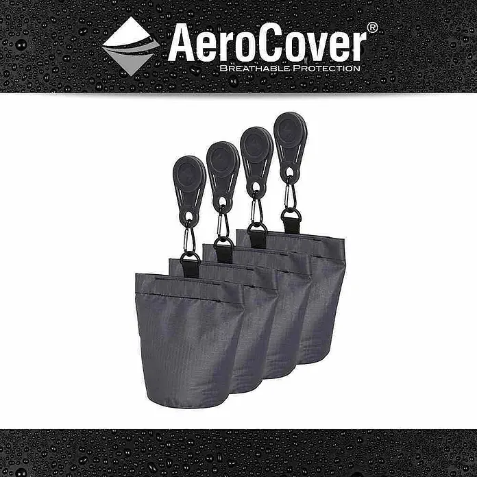Sandsack Aerocover - 4 -tlg., Kunststoff - Das Bild zeigt vier Aerocover Aufbewahrungstaschen in Grau, die an Haltern befestigt sind. Ideal zur Aufbewahrung von Gartenmöbelzubehör.