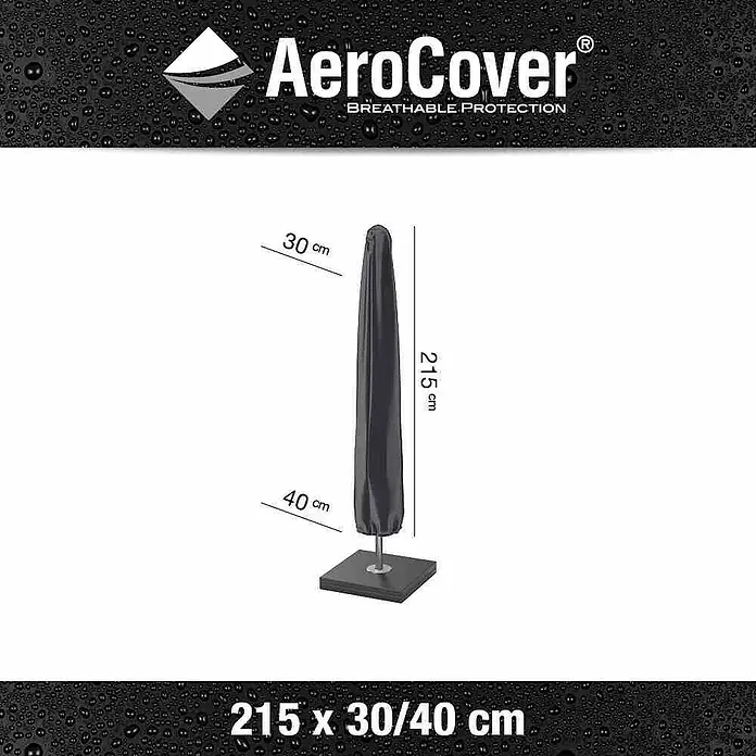 Schirm-Schutzhülle Aerocover - Passend für: Schirme bis Ø 400 cm, Kunststoff - Bild einer schwarzen AeroCover Regenschirmhülle mit den Maßen 215 x 30/40 cm, die atmungsaktiven Schutz für Ihren Sonnenschirm bietet.