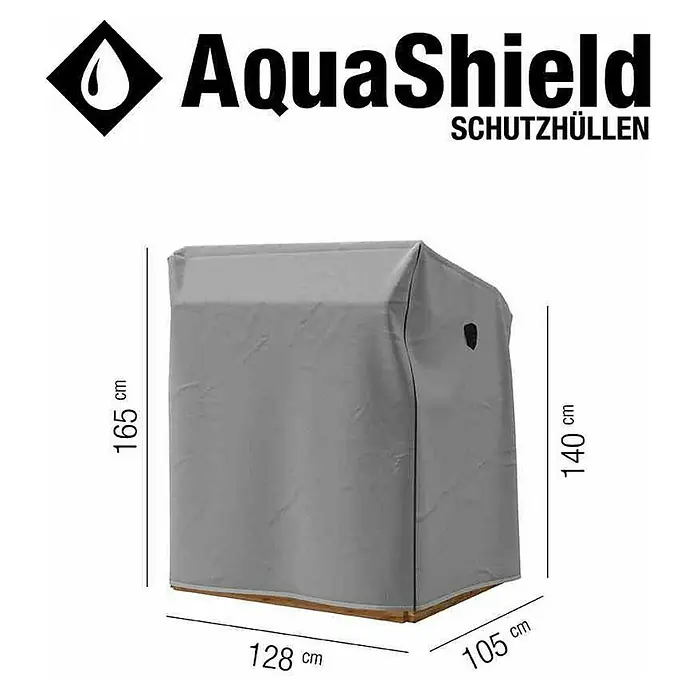 Siena Garden Strandkorb-Schutzhülle AquaShield - L x B x H: 128 x 105 x 165 cm, Kunststoff - Produktabbildung einer grauen Schutzhülle von AquaShield mit Größenangaben.
