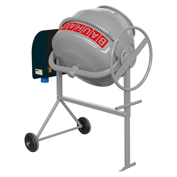 Altrad Hormigonera eléctrica ABS - L x An x Al: 104 x 67 x 114 cm, 125 l, 700 W - Imagen de una hormigonera gris de Bauhaus con ruedas y un gran tambor mezclador giratorio.