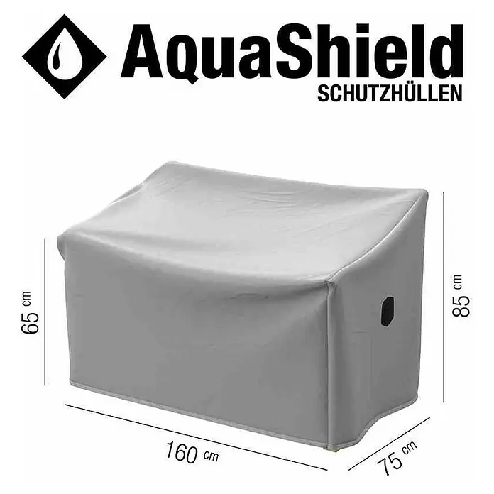 Siena Garden Gartenbank-Schutzhülle Aqua Shield - Kunststoff - Bild einer AquaShield Schutzhülle für Gartenmöbel mit Maßangaben. Die Schutzhülle ist grau und hat die Maße 160x75x85 cm.