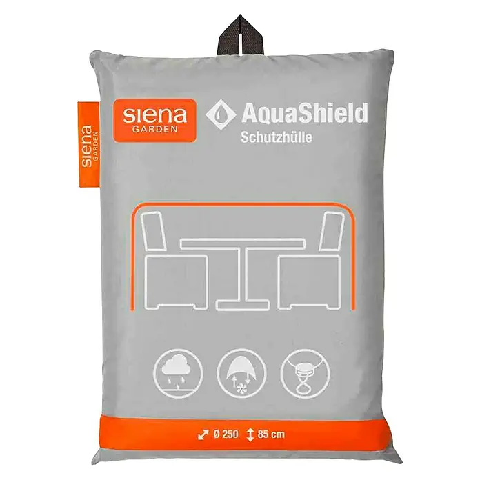 Siena Garden Sitzgruppen-Schutzhülle Aqua Shield - Passend für: Sitzgruppen Ø 250 cm, Kunststoff - Eine graue Schutzhülle für Gartenmöbel von Siena Garden AquaShield, geeignet für Tische mit einem Durchmesser von 250 cm und einer Höhe von 85 cm.