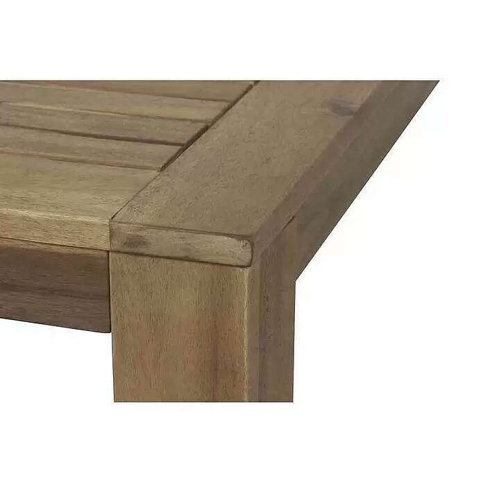 Gartentisch Palero - L x B x H: 160 x 90 x 75 cm, Akazie, Rechteckig, Natur - Detail einer Holztischecke mit Lattenplatte und stabilem Bein.
