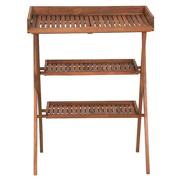 Garten-Serviertisch Caruna - L x B x H: 70 x 45 x 91 cm, Natur - Ein dreistufiges Holzregal, ideal für Pflanzen oder als dekoratives Element im Innenbereich. Seine schlichte Eleganz macht es vielseitig einsetzbar.