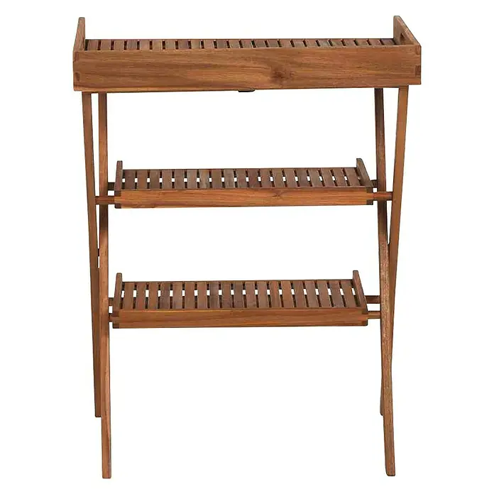 Garten-Serviertisch Caruna - L x B x H: 70 x 45 x 91 cm, Natur - Das Bild zeigt ein hölzernes, dreistufiges Regal mit einem Lattenrost-Design, das sich ideal zur Aufbewahrung und Präsentation eignet.