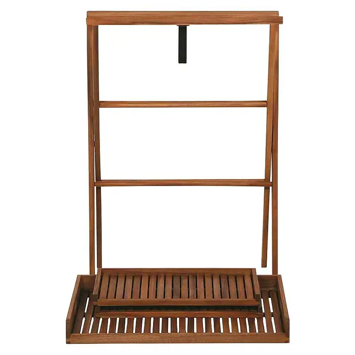 Garten-Serviertisch Caruna - L x B x H: 70 x 45 x 91 cm, Natur - Holzregal mit drei Ablagen und einer Gitterablage für den Außenbereich. Das Regal ist ideal für Pflanzen und andere Dekorationen.