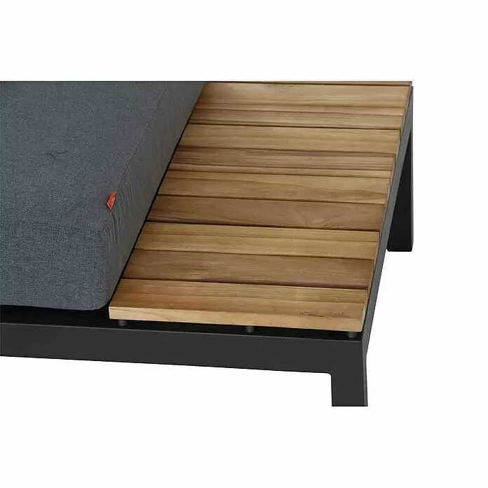 Siena Garden Lounge-Insel Alvida - B x T x H: 172 x 78 x 84 cm, Anthrazit, Position Ablage: Links - Outdoor-Lounge mit dunkelgrauem Kissen und Latten-Beistelltisch aus Holz.