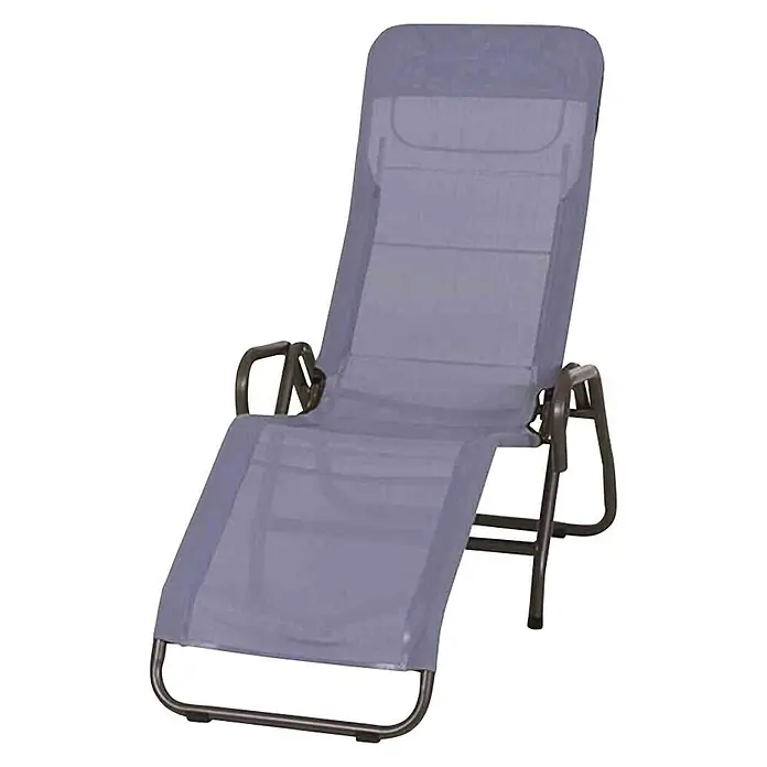 Gartenliege Bito - Blau, Metall, Klappbar - Ein grauer Liegestuhl mit verstellbarer Rückenlehne und Armlehnen. Perfekt zum Entspannen im Garten oder am Pool.