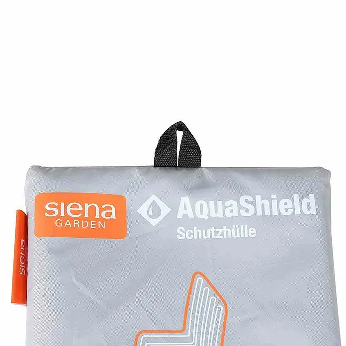 Siena Garden Stapelsessel-Schutzhülle AquaShield - L x B x H: 67 x 67 x 110 cm, Kunststoff - Nahaufnahme einer Siena Garden AquaShield Schutzhülle mit Tragegriff und Aufdruck, ideal für Gartenmöbel.