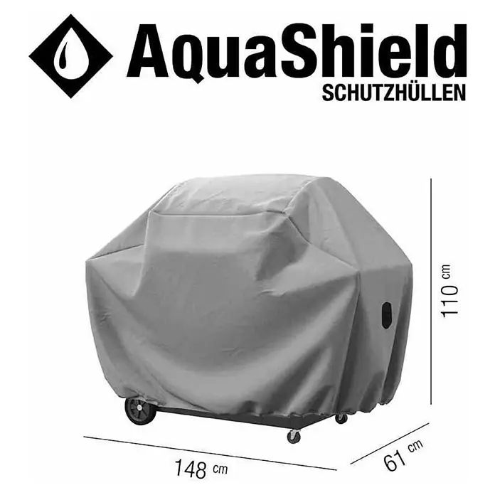Grill-Schutzhülle Aqua Shield - Kunststoff - Bild einer AquaShield Schutzhülle für Grill mit Größenangaben. Sie schützt den Grill vor Witterungseinflüssen und hält ihn sauber.