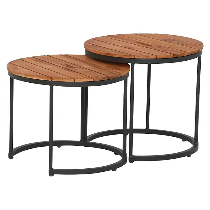Siena Garden Garten-Beistelltisch Baros - L x B x H: 50 x 50 x 46 cm, Teak, Rund, Schwarz/Naturbraun - Zwei elegante Satztische aus Holz und Metall. Die Tische bieten eine stilvolle Ablagefläche im Innen- und Außenbereich.
