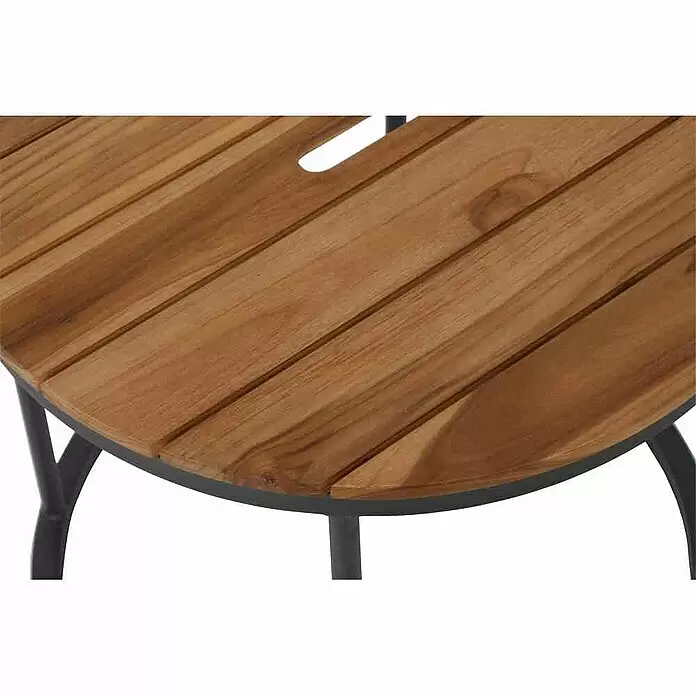 Siena Garden Garten-Beistelltisch Baros - L x B x H: 50 x 50 x 46 cm, Teak, Rund, Schwarz/Naturbraun - Braune Holzlamellenplatte, wohl Tisch- oder Stuhloberfläche, mit dunklem Metallrahmen und Grifflücke.