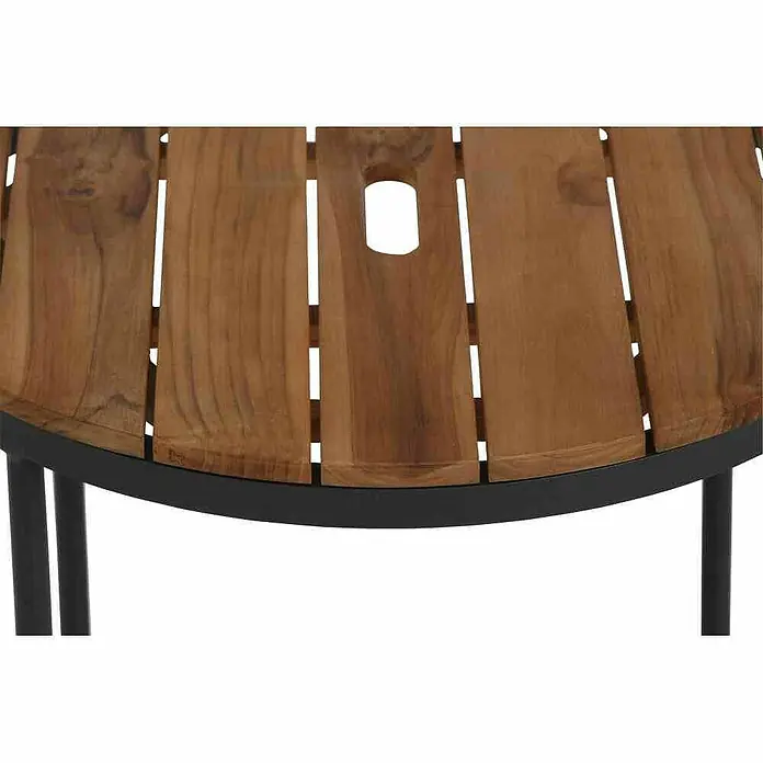 Siena Garden Garten-Beistelltisch Baros - L x B x H: 50 x 50 x 46 cm, Teak, Rund, Schwarz/Naturbraun - Detailaufnahme eines runden Gartentisches mit Holzlatten und schwarzem Metallgestell, ideal für den Außenbereich.